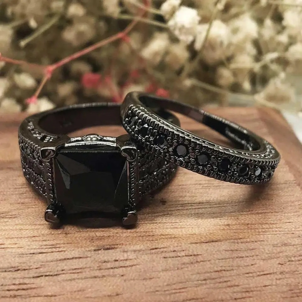 Fancy Black Princess Cut Bridal Sets in Black Sterling Silver - Picture 2 of 6